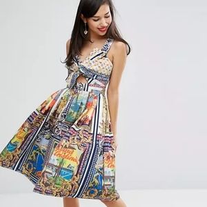 ASOS bow tie cut out skater postcard print midi dress v-neck vintage retro sz 4